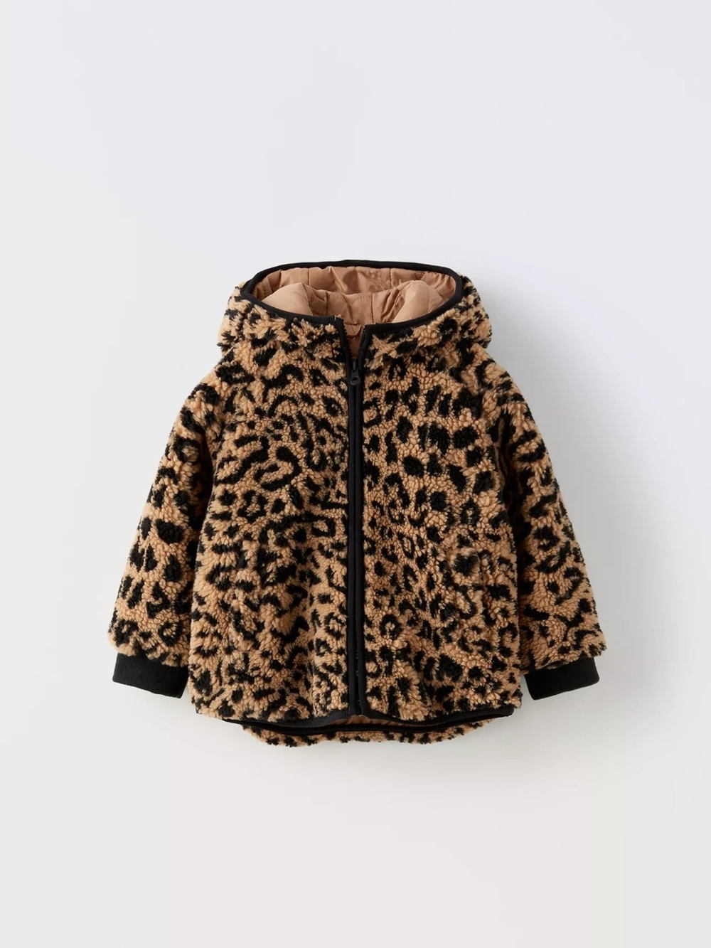 Zara Girls Leopard Faux Fur Hooded Puffer Jacket - Black & Tan 2-3T